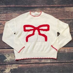 Eloise Giant Red Ribbon Coquette Bow Sweater in Holiday Cream Size Small
